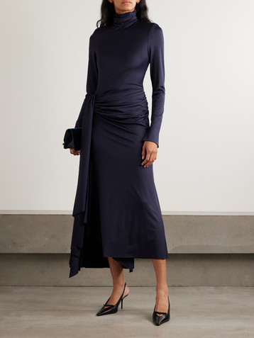 Victoria Beckham Gathered draped jersey turtleneck midi dress