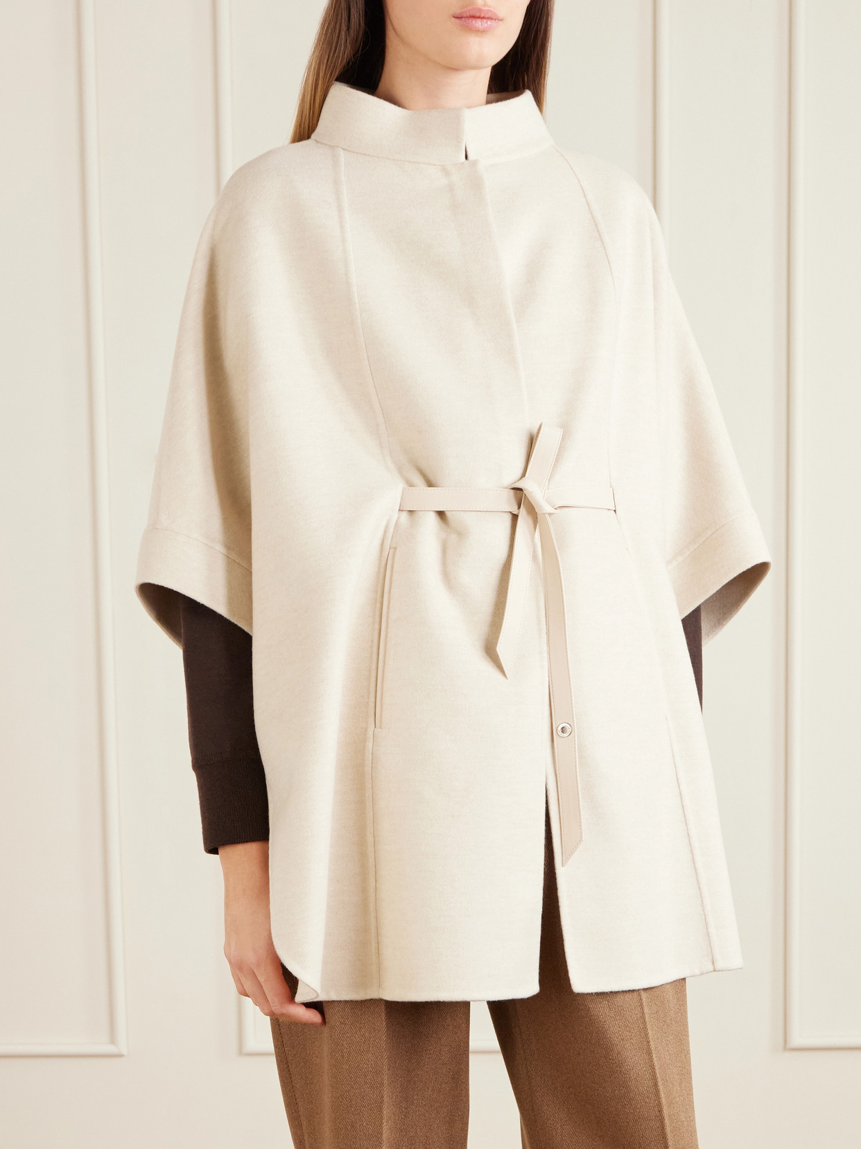 Belted Leather-Trimmed Cashmere Cape
