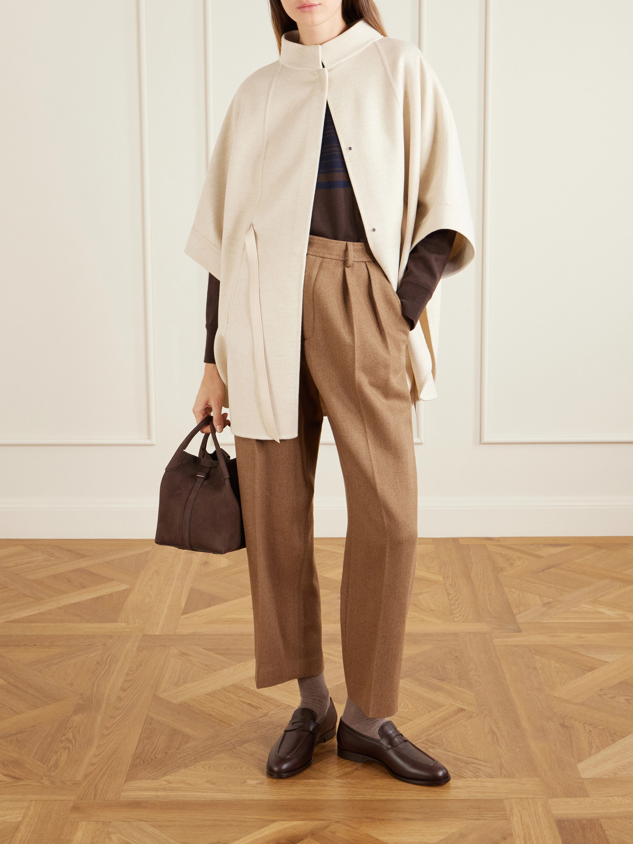 Belted Leather-Trimmed Cashmere Cape