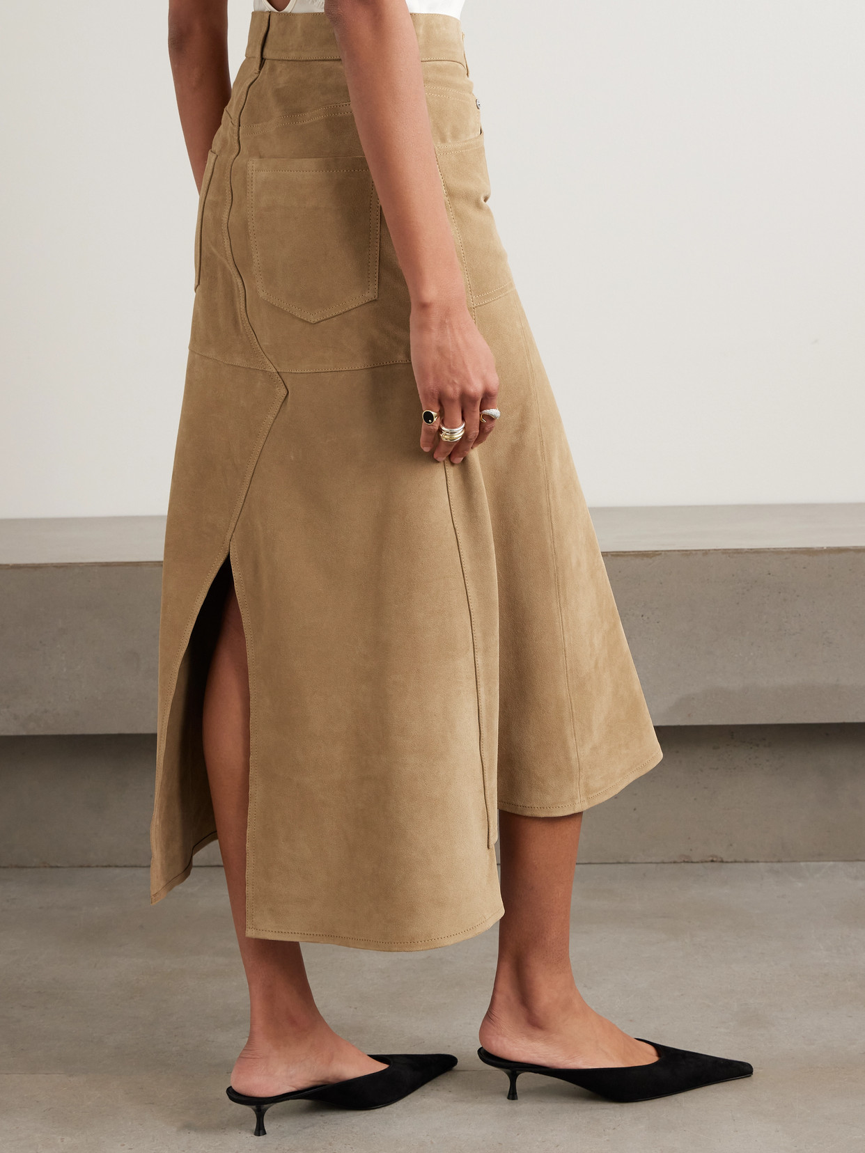 Victoria Beckham Paneled Suede Midi Skirt In Neutral