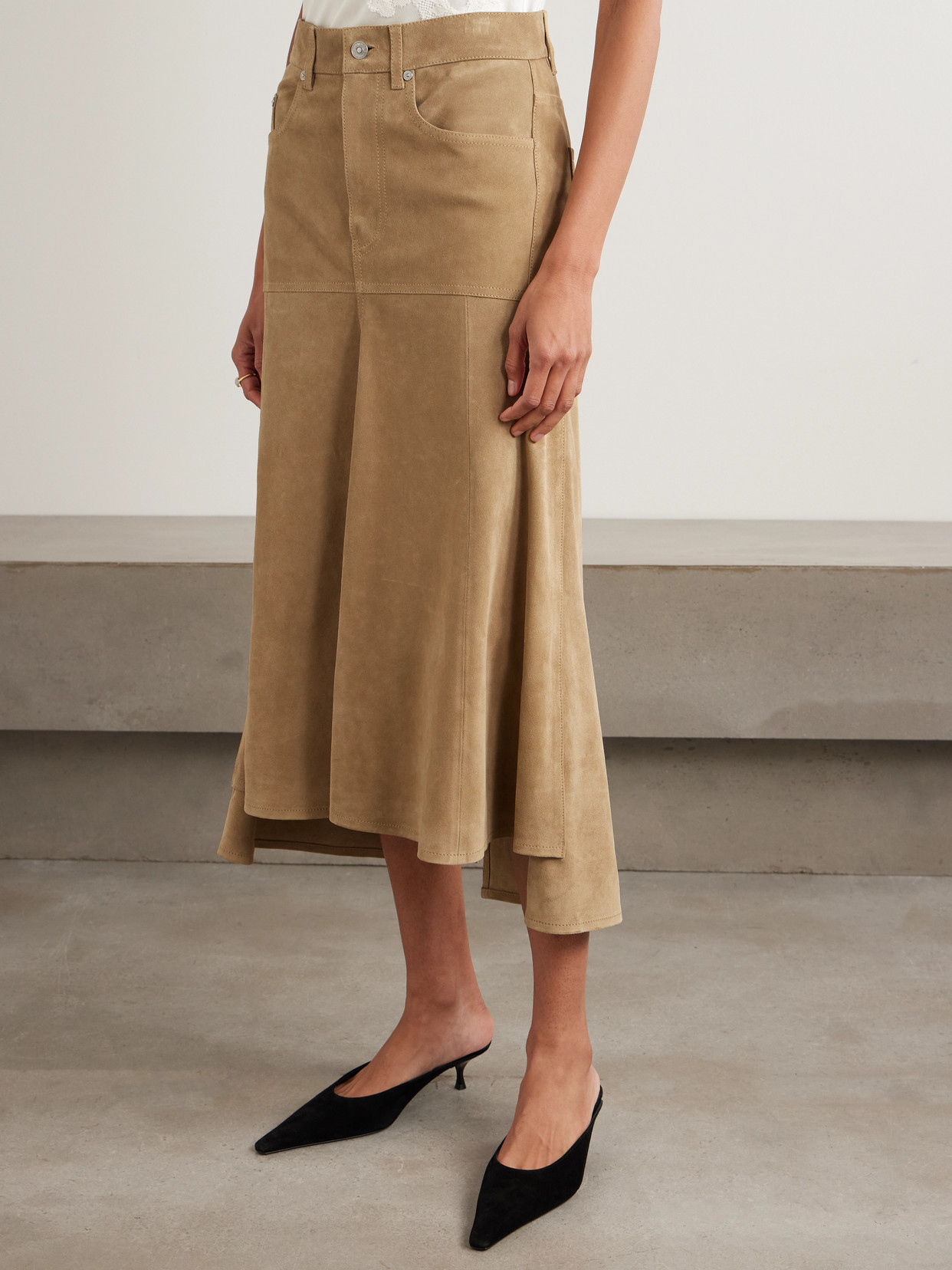 Victoria Beckham Paneled Suede Midi Skirt In Neutral