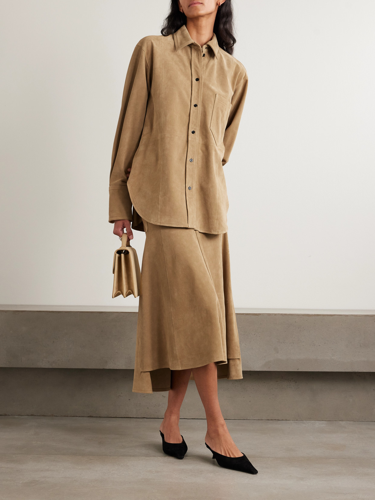 Victoria Beckham Paneled Suede Midi Skirt In Neutral