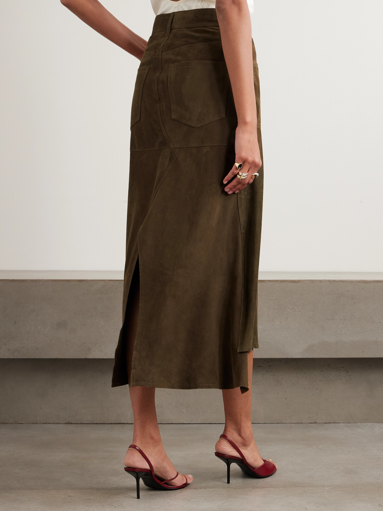 Victoria Beckham Paneled Suede Midi Skirt In Brown