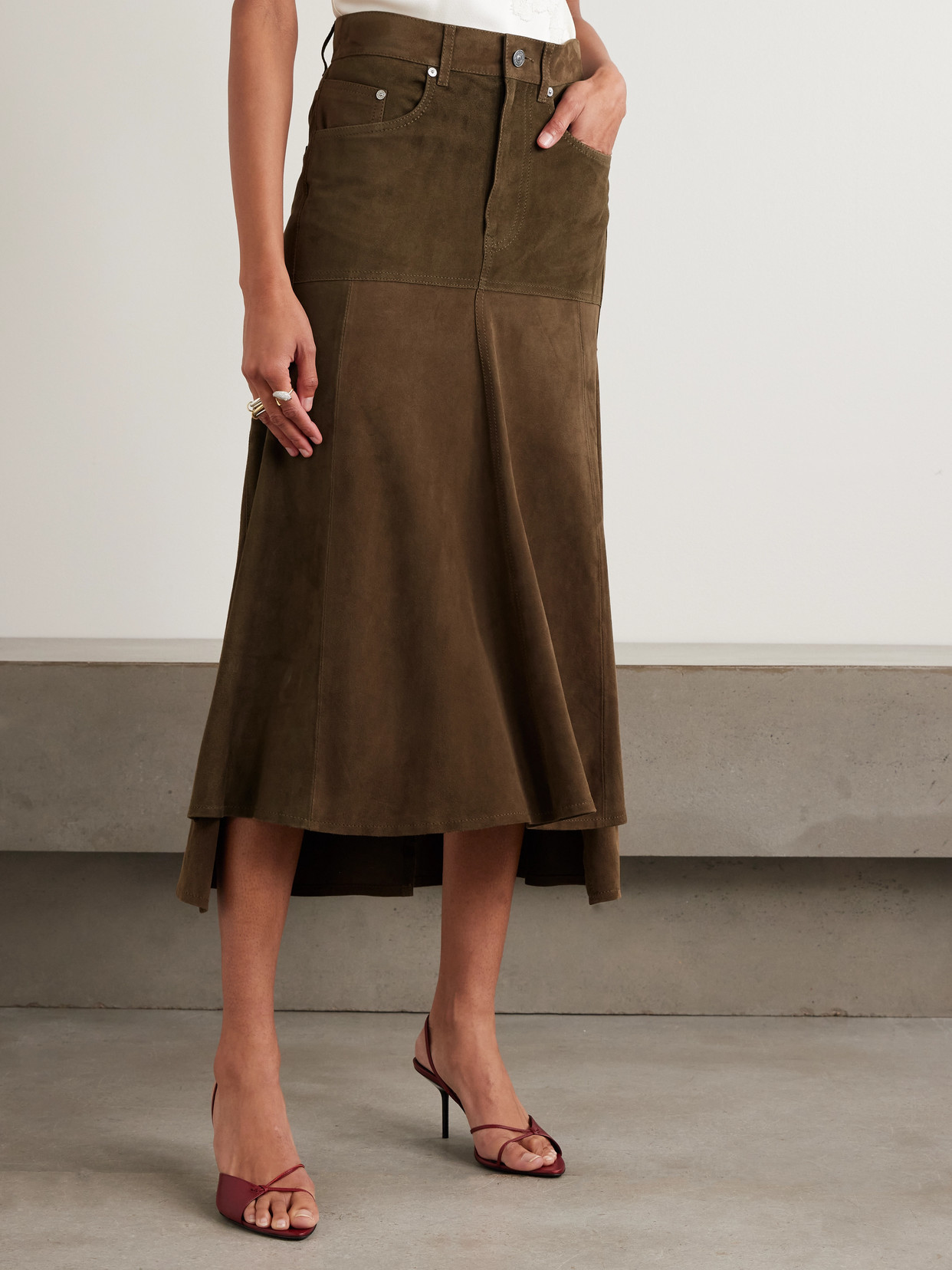 Victoria Beckham Paneled Suede Midi Skirt In Brown