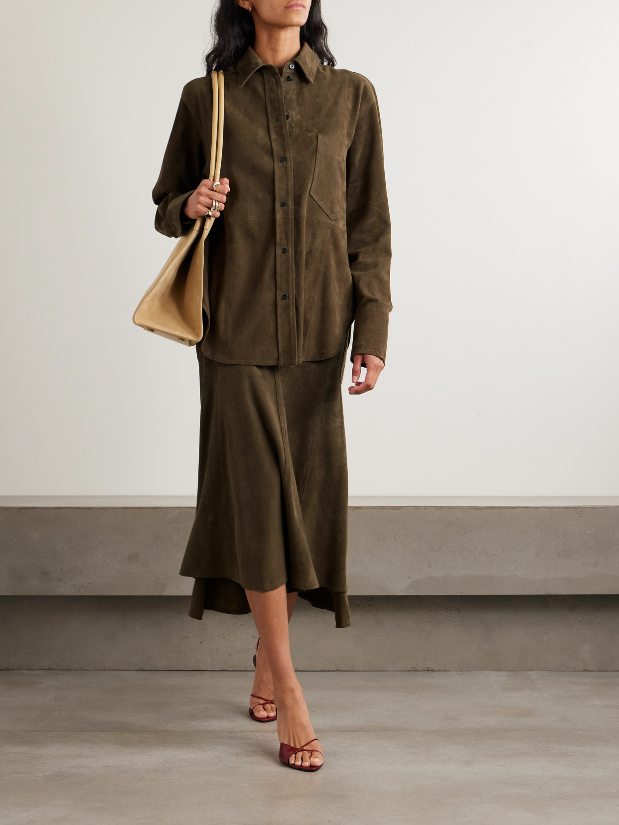 Victoria Beckham Paneled Suede Midi Skirt In Brown