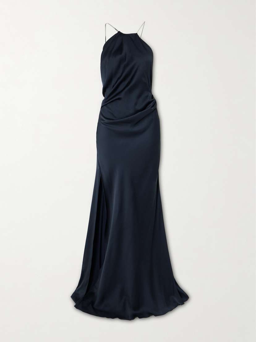 Victoria Beckham Chain-embellished Draped Satin Halterneck Gown