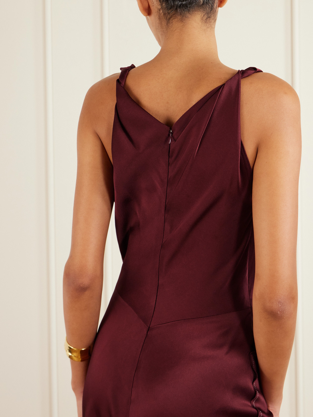 Victoria Beckham Asymmetric Draped Sleeveless Satin Midi Dress In Burgundy