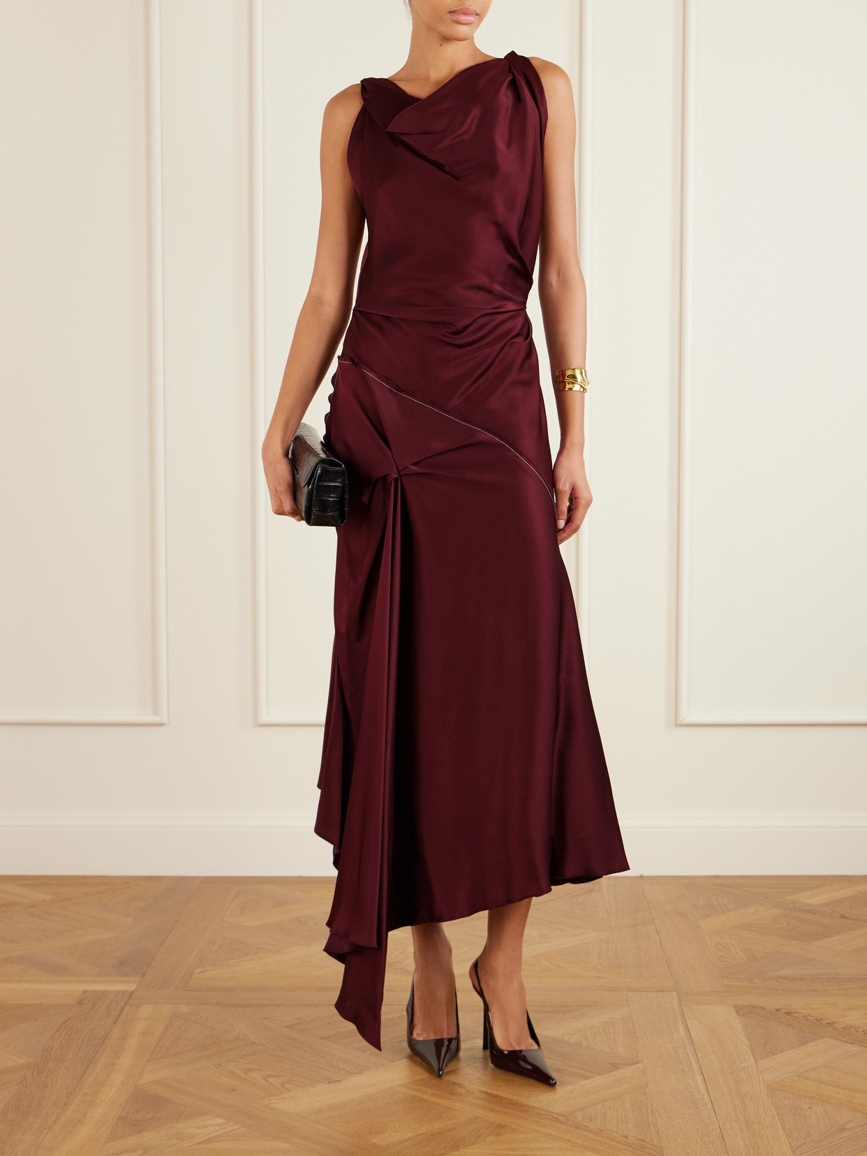 Victoria Beckham Asymmetric Draped Sleeveless Satin Midi Dress In Burgundy