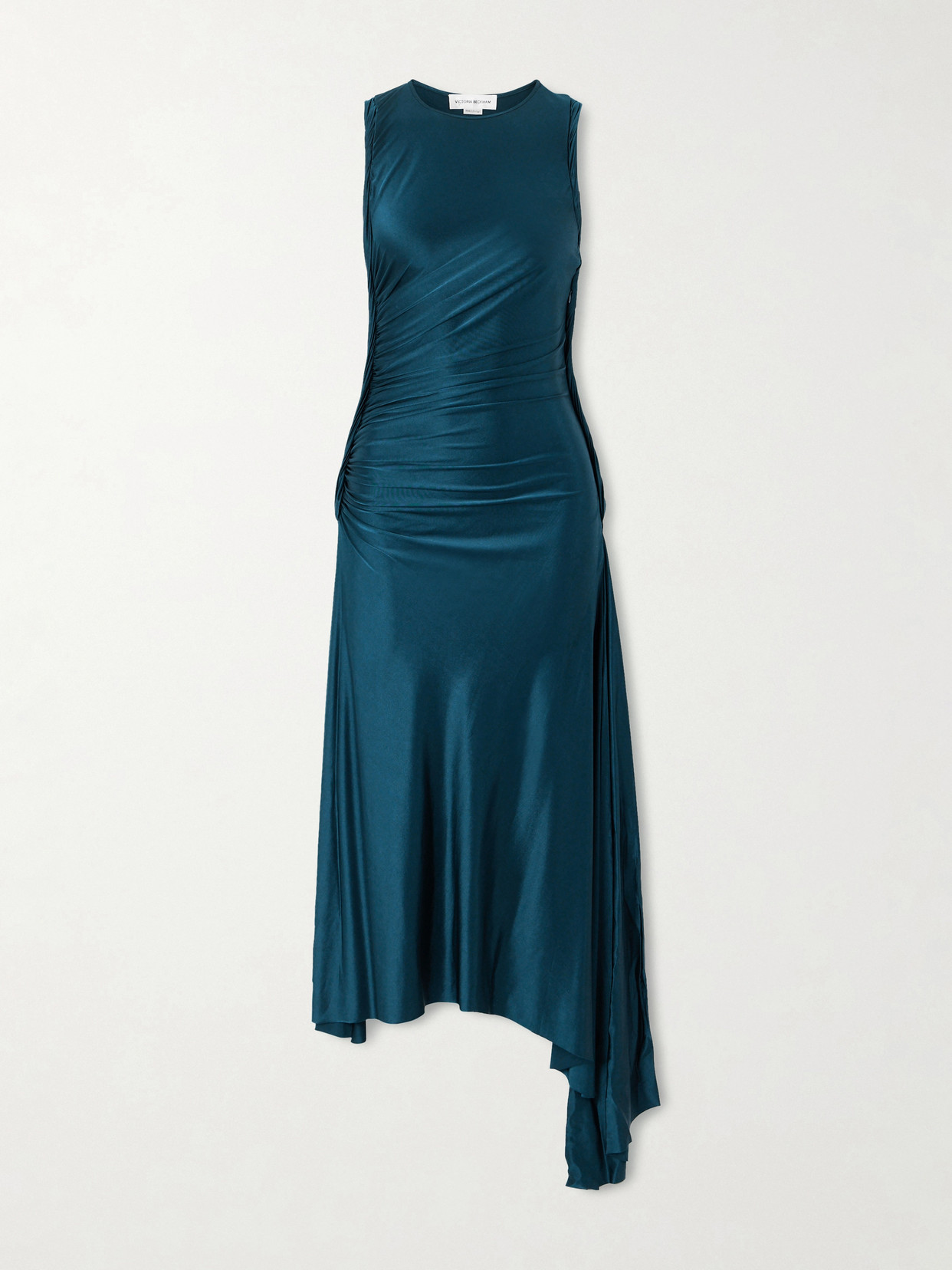 Victoria Beckham Asymmetric Gathered Satin-jersey Midi Dress In Blue