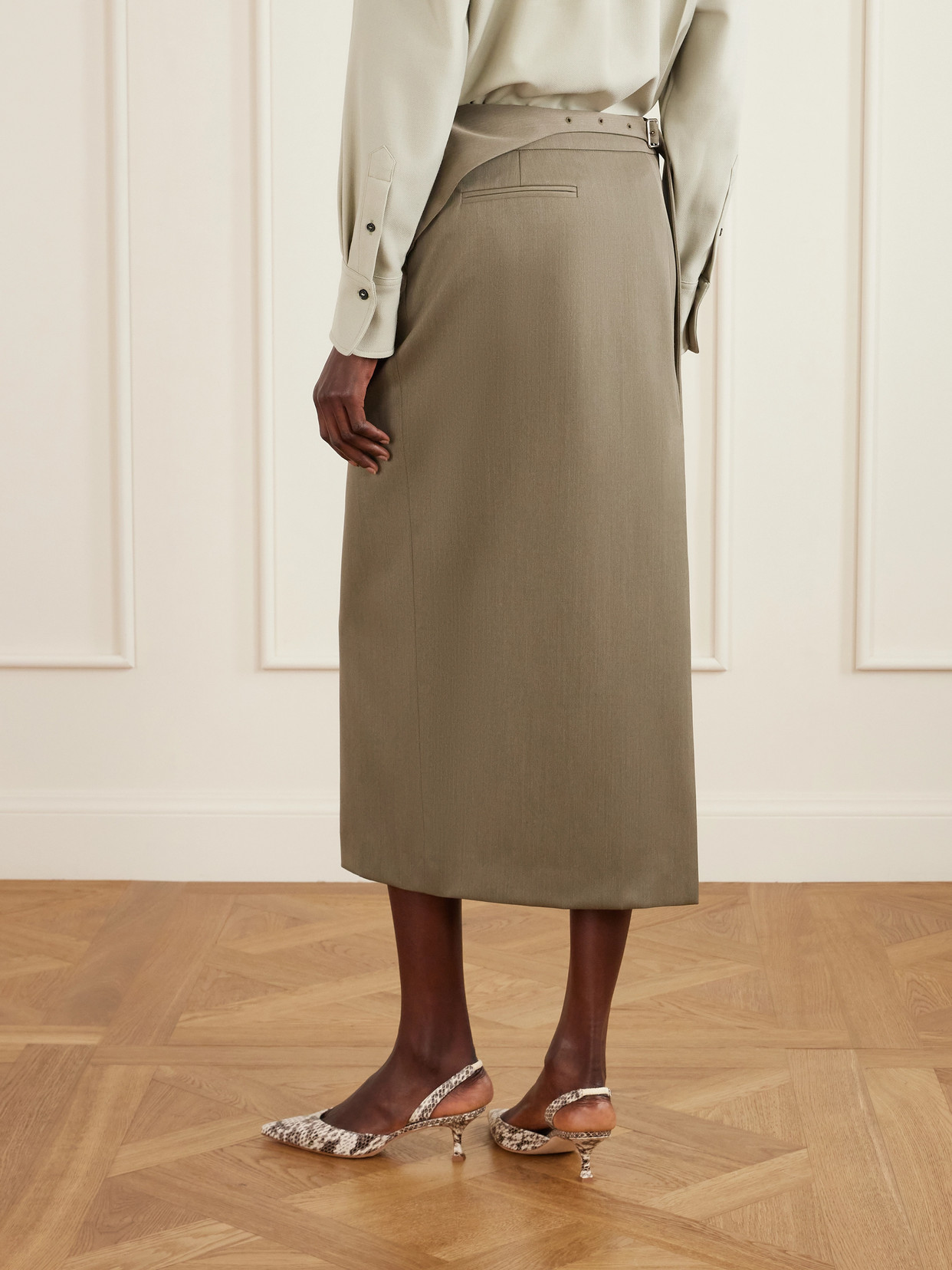 Victoria Beckham Belted Wool-blend Twill Midi Skirt In Brown