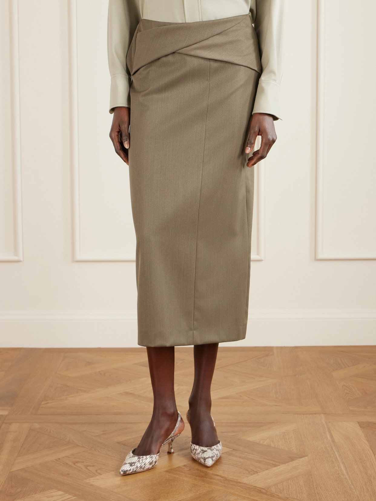 Victoria Beckham Belted Wool-blend Twill Midi Skirt In Brown