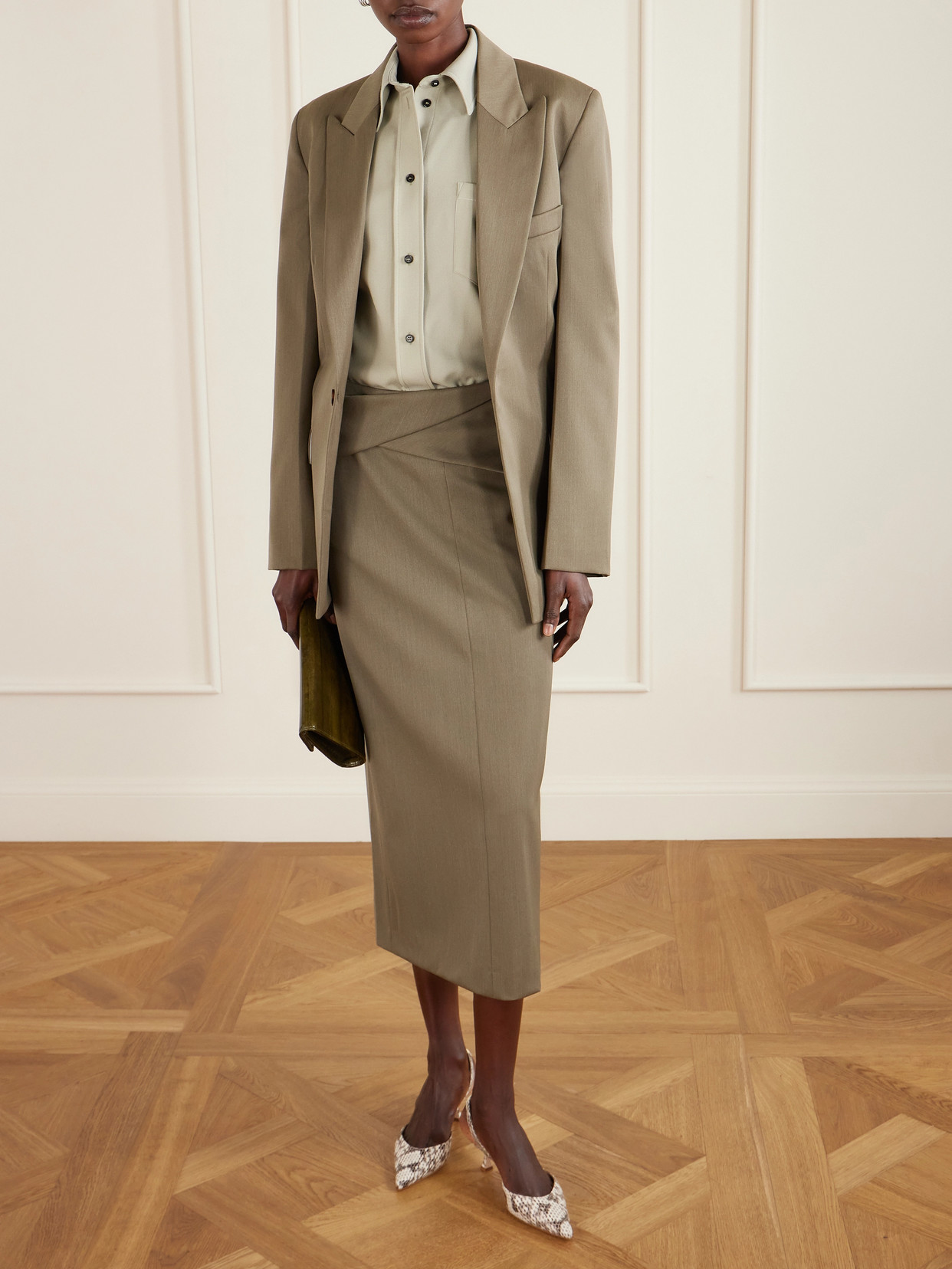 Victoria Beckham Belted Wool-blend Twill Midi Skirt In Brown