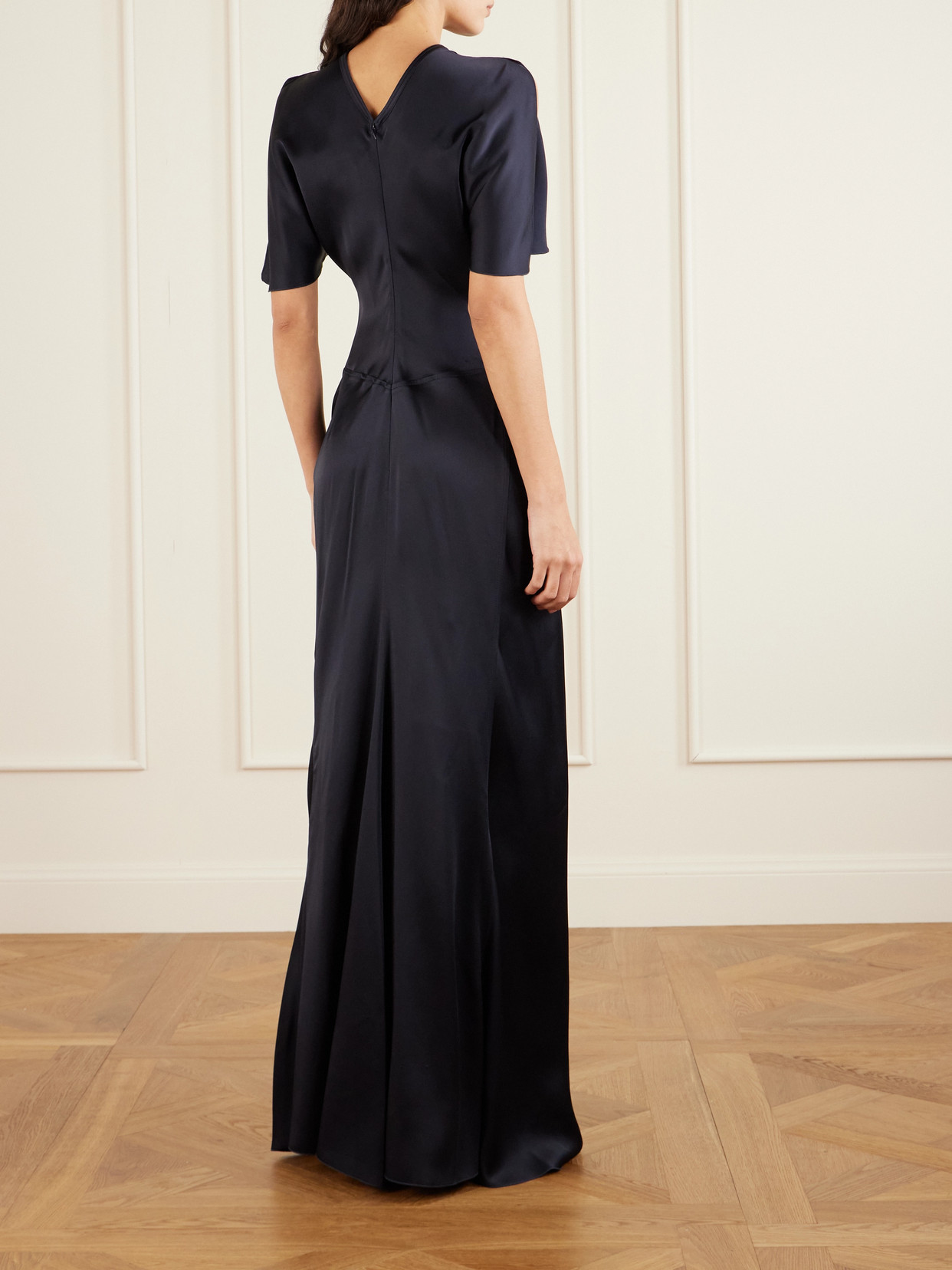 Victoria Beckham Ruched Satin Maxi Dress In Blue