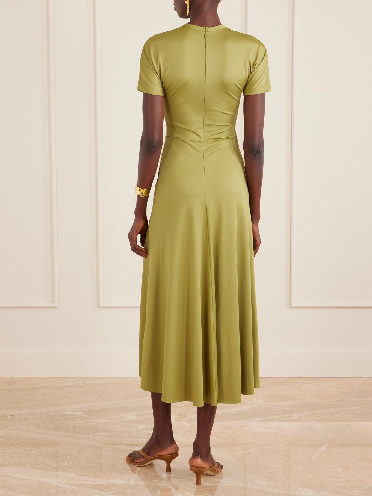 Victoria Beckham Gathered Satin-jersey Midi Dress In Green