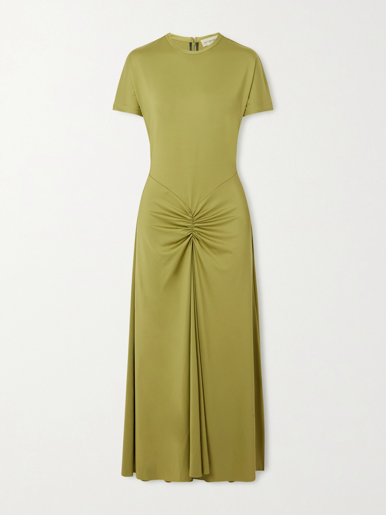 Victoria Beckham Gathered Satin-jersey Midi Dress In Green