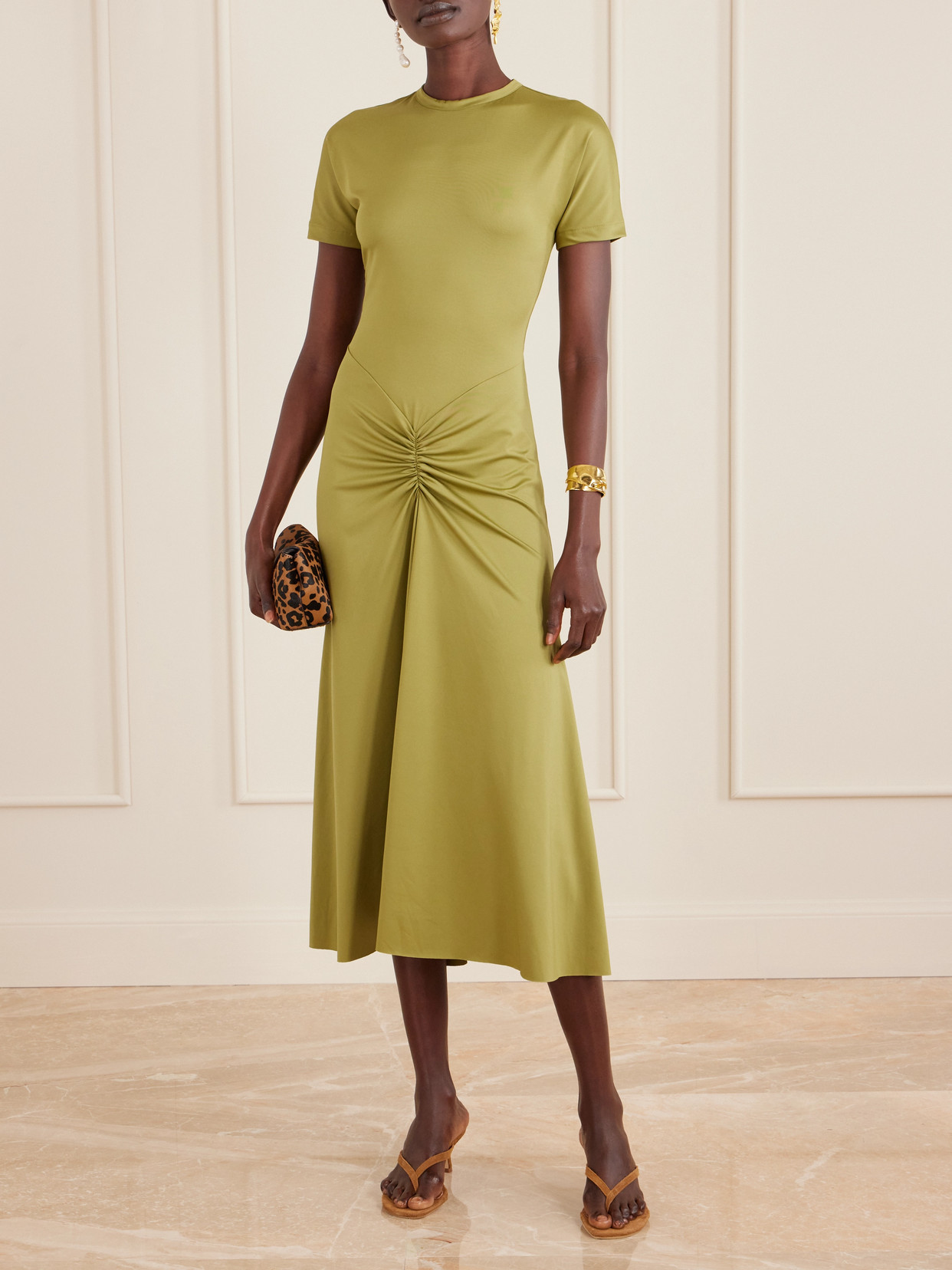 Victoria Beckham Gathered Satin-jersey Midi Dress In Green