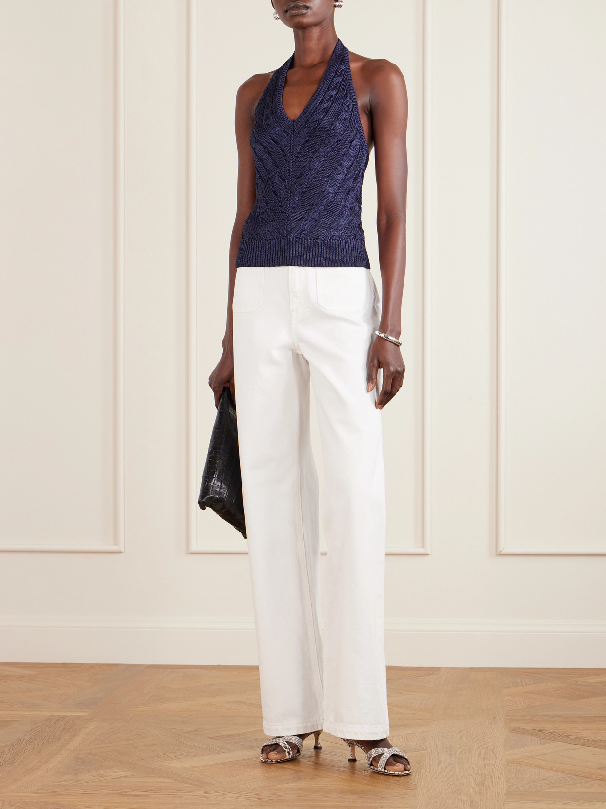 Collection - Cable-Knit Silk Halterneck Top