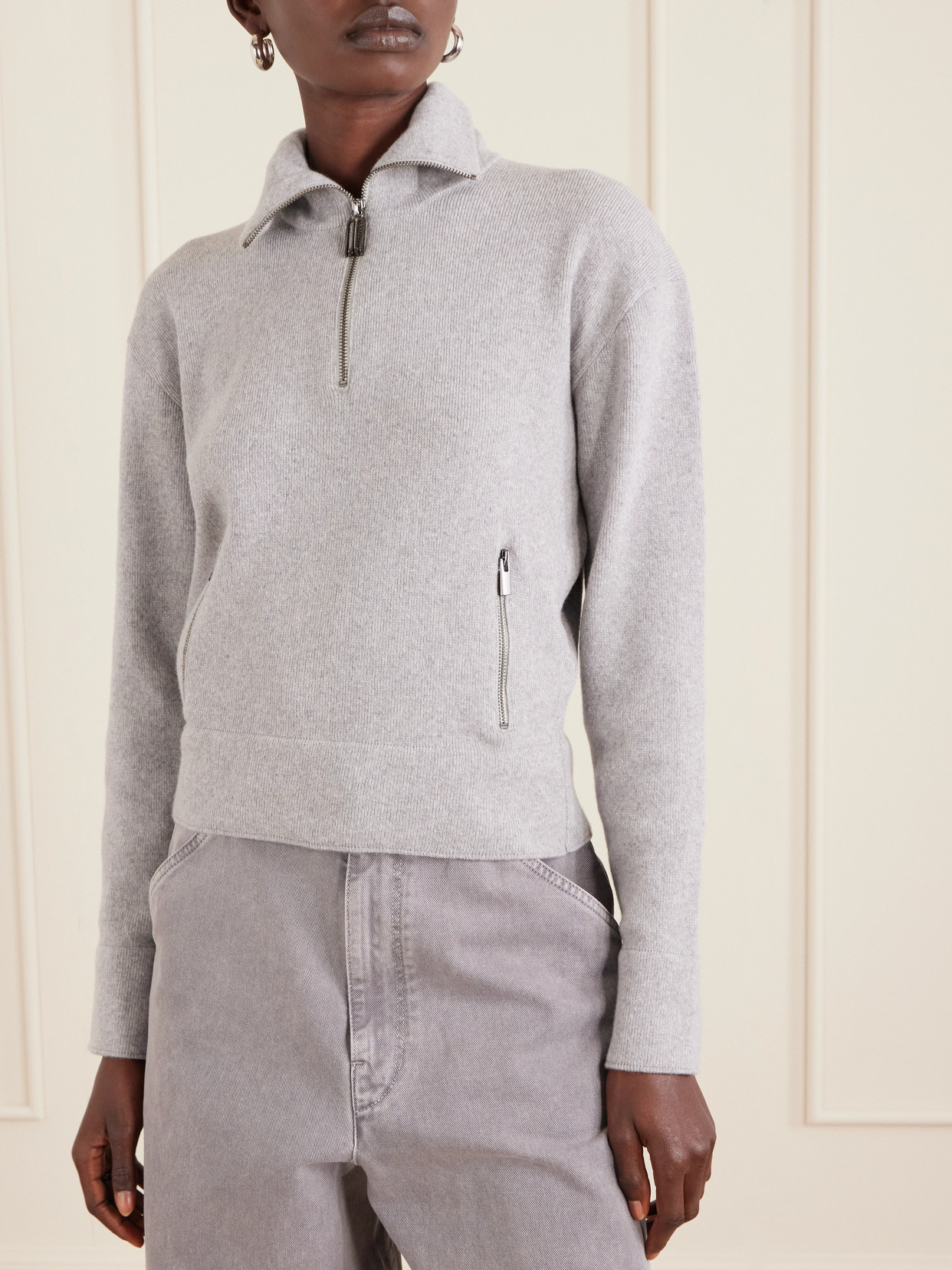 Victoria Beckham Milano Merino Wool And Cashmere-blend Half-zip Sweater In Gray