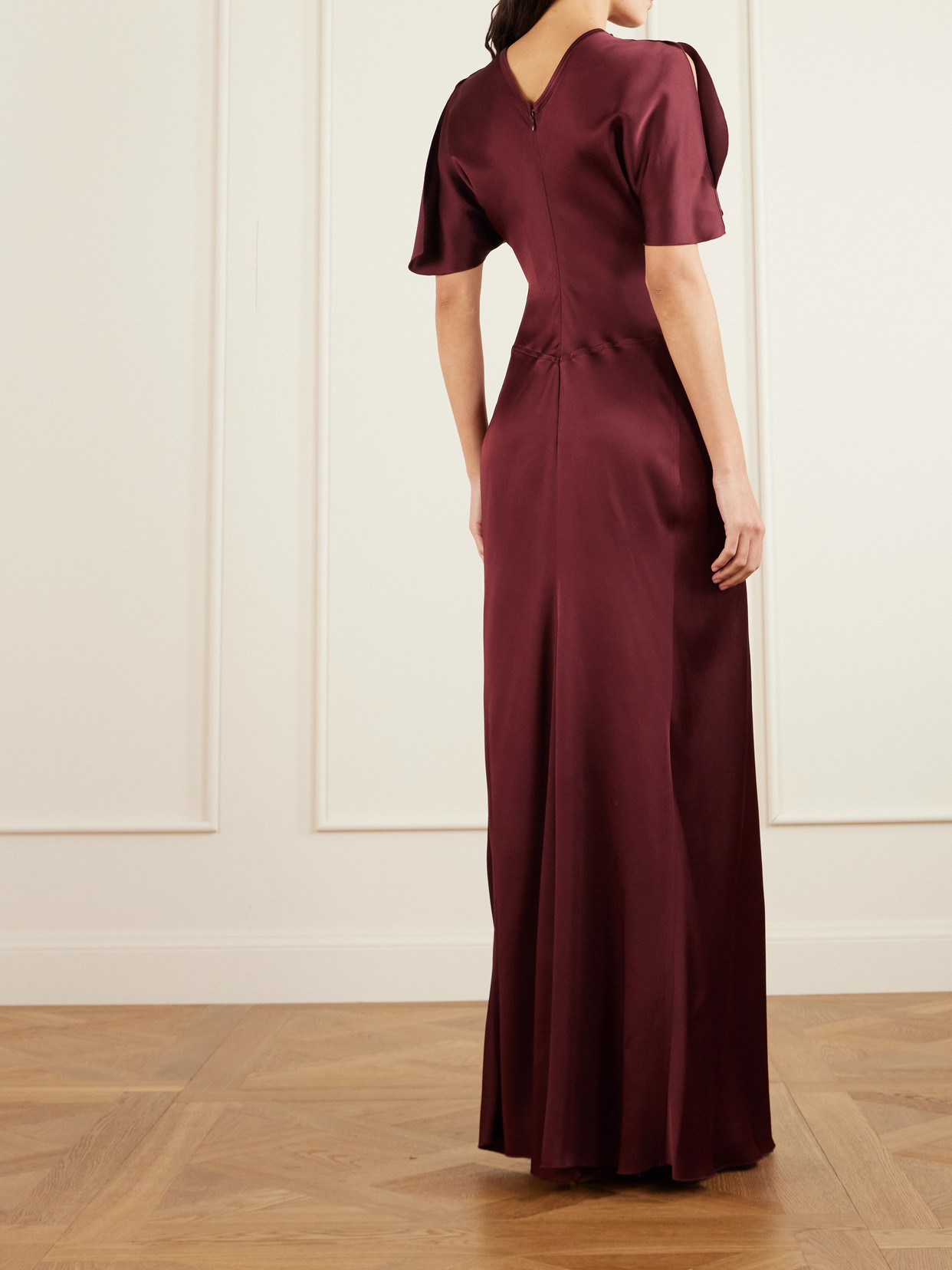 Victoria Beckham Gathered Satin Maxi Dress In Burgundy