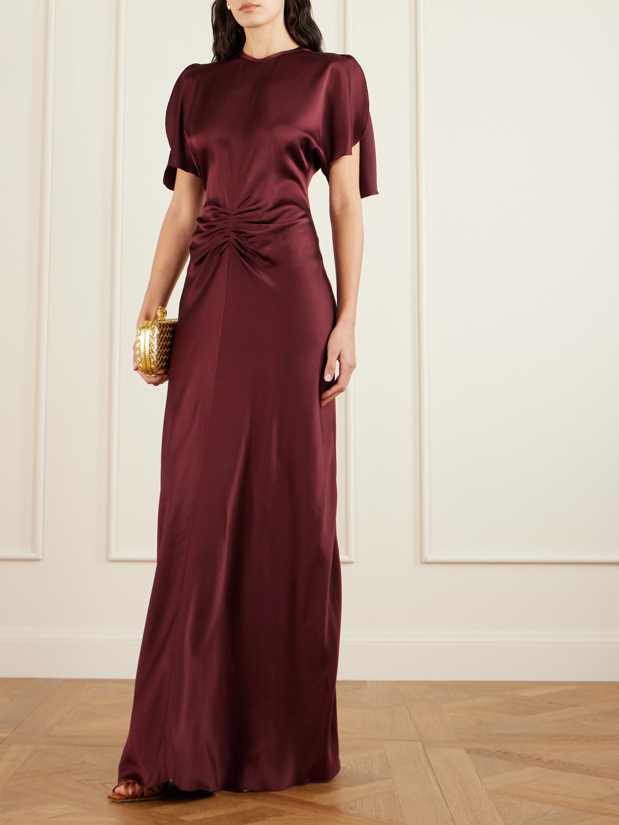 Victoria Beckham Gathered Satin Maxi Dress In Burgundy