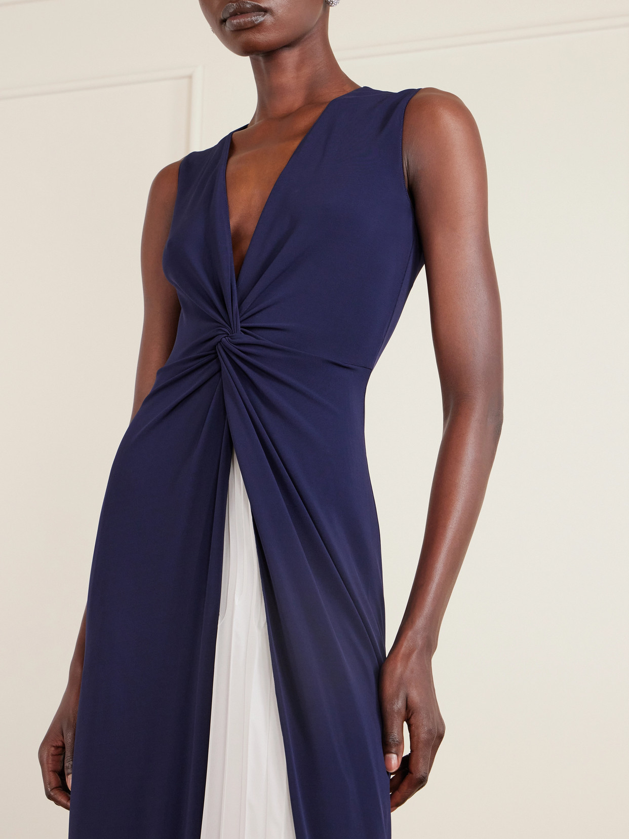 Ralph Lauren Knotted Pleated Chiffon And Stretch-jersey Gown In Blue