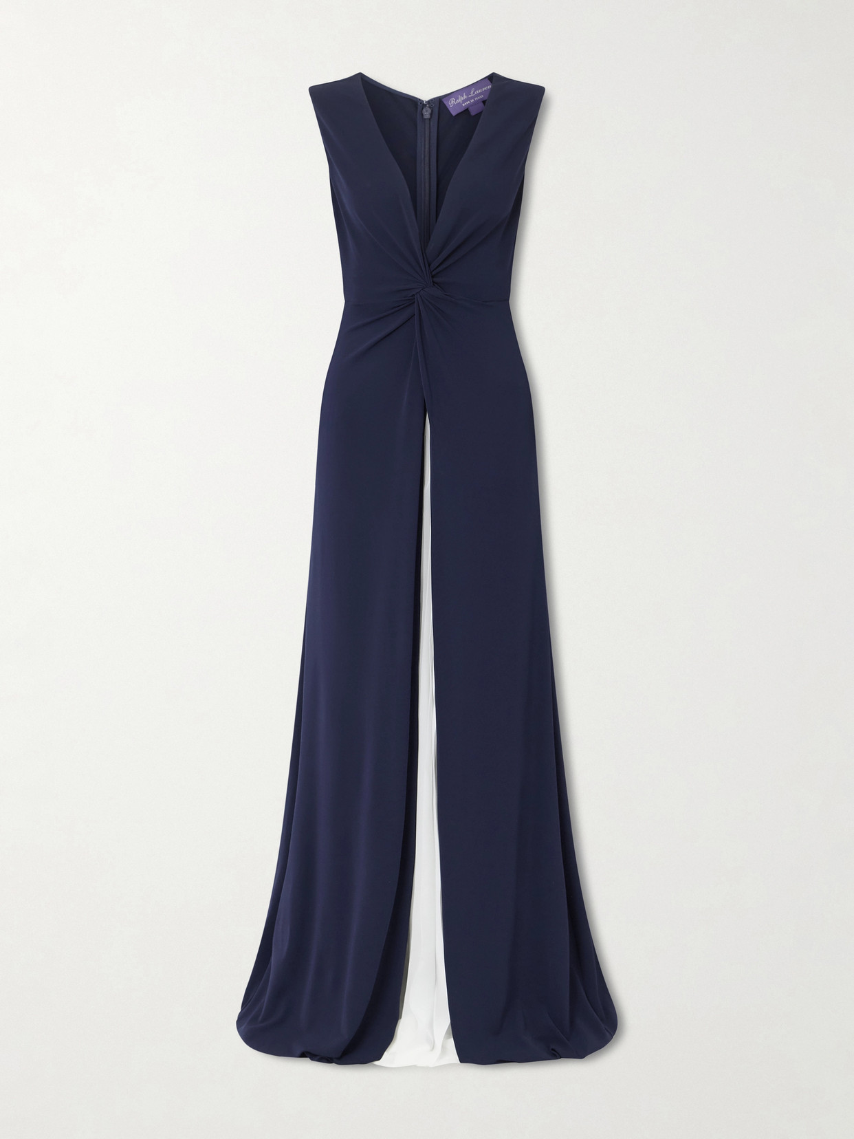 Ralph Lauren Knotted Pleated Chiffon And Stretch-jersey Gown In Blue