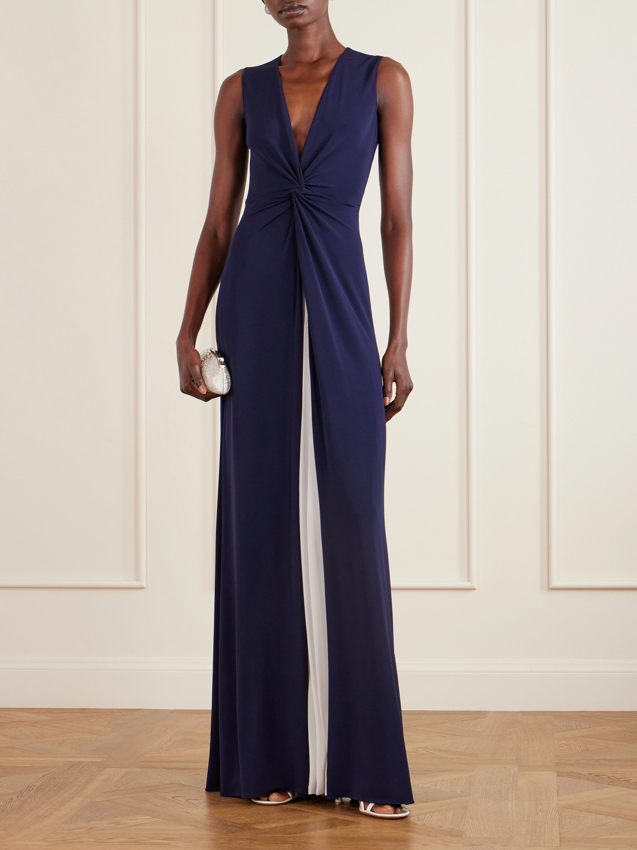 Ralph Lauren Knotted Pleated Chiffon And Stretch-jersey Gown In Blue
