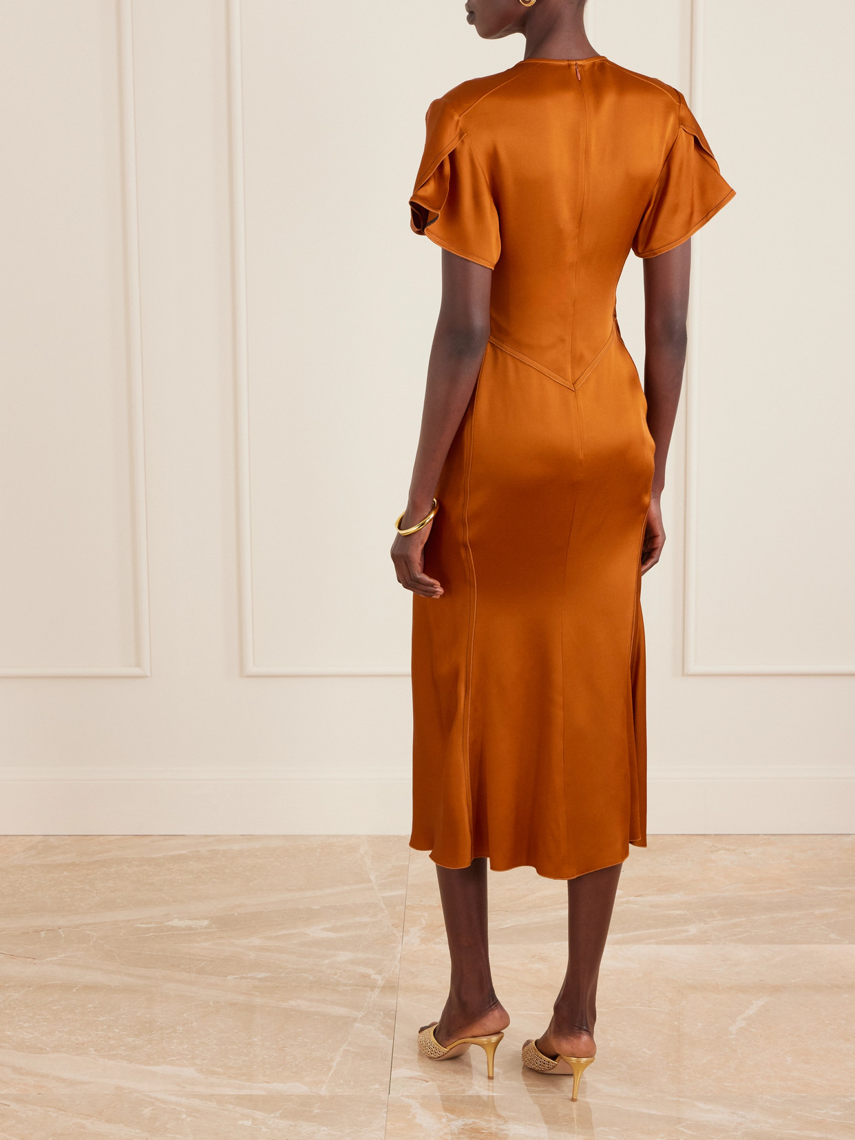 Victoria Beckham Gathered Satin Midi Dress In Brown