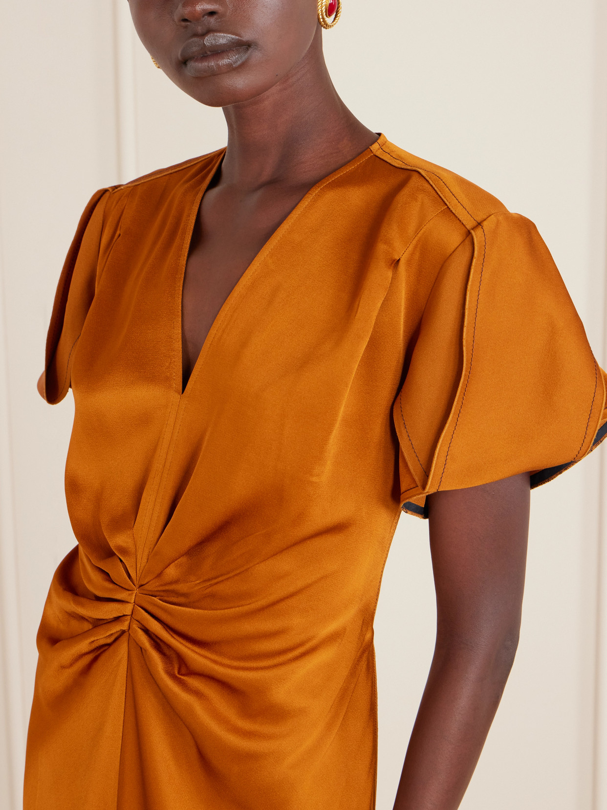 Victoria Beckham Gathered Satin Midi Dress In Brown