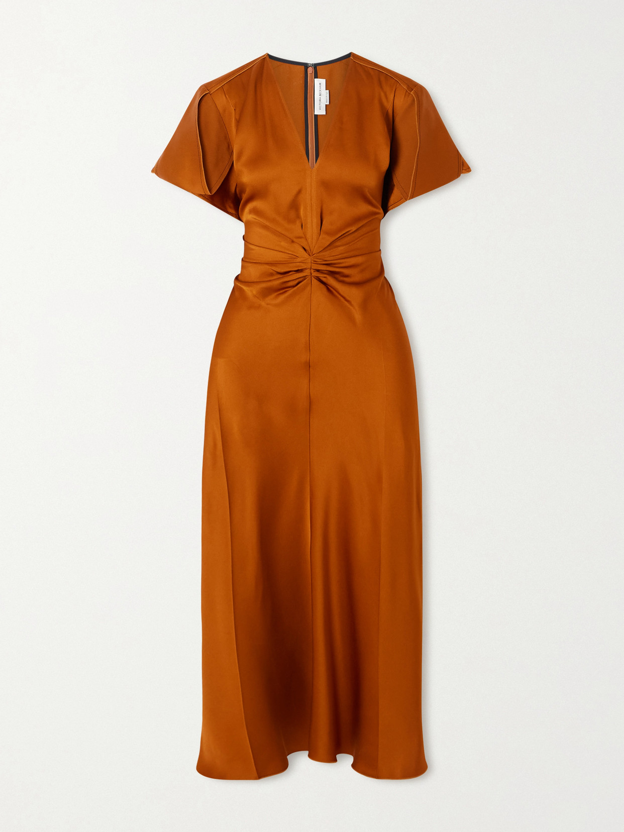 Victoria Beckham Gathered Satin Midi Dress In Brown