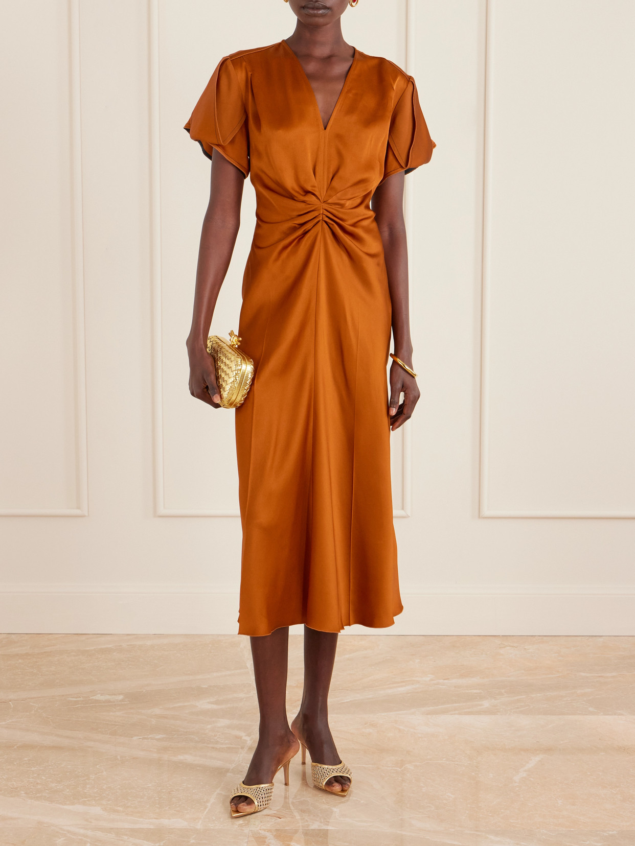 Victoria Beckham Gathered Satin Midi Dress In Brown