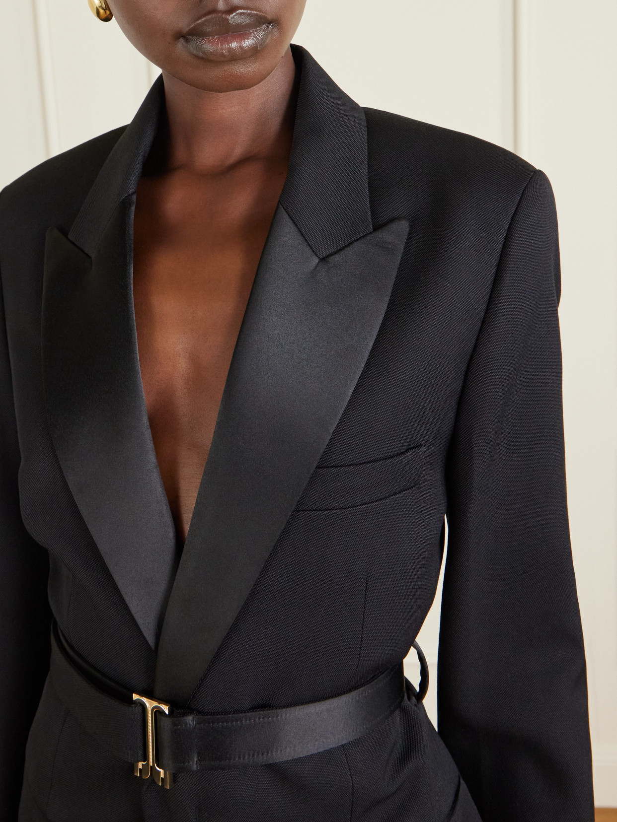 Belted Satin-Trimmed Twill Coat