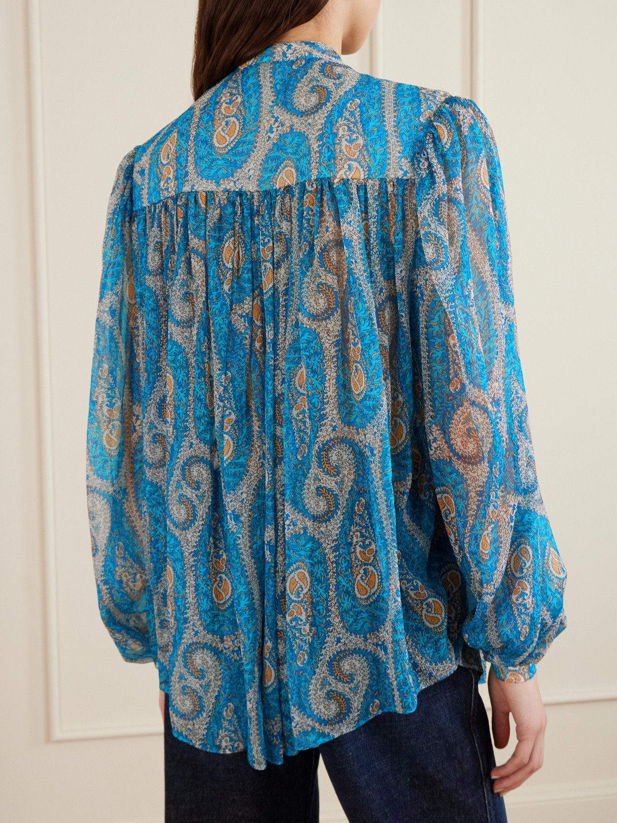 Etro Pleated Paisley-print Silk-crepon Blouse In Blue