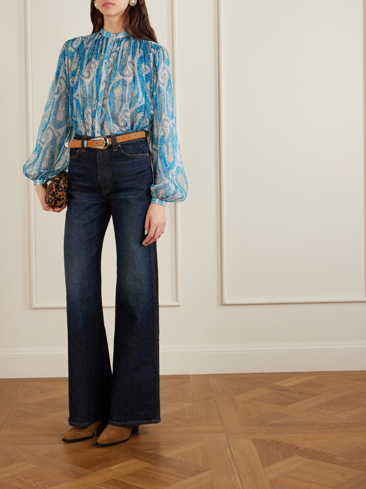Etro Pleated Paisley-print Silk-crepon Blouse In Blue