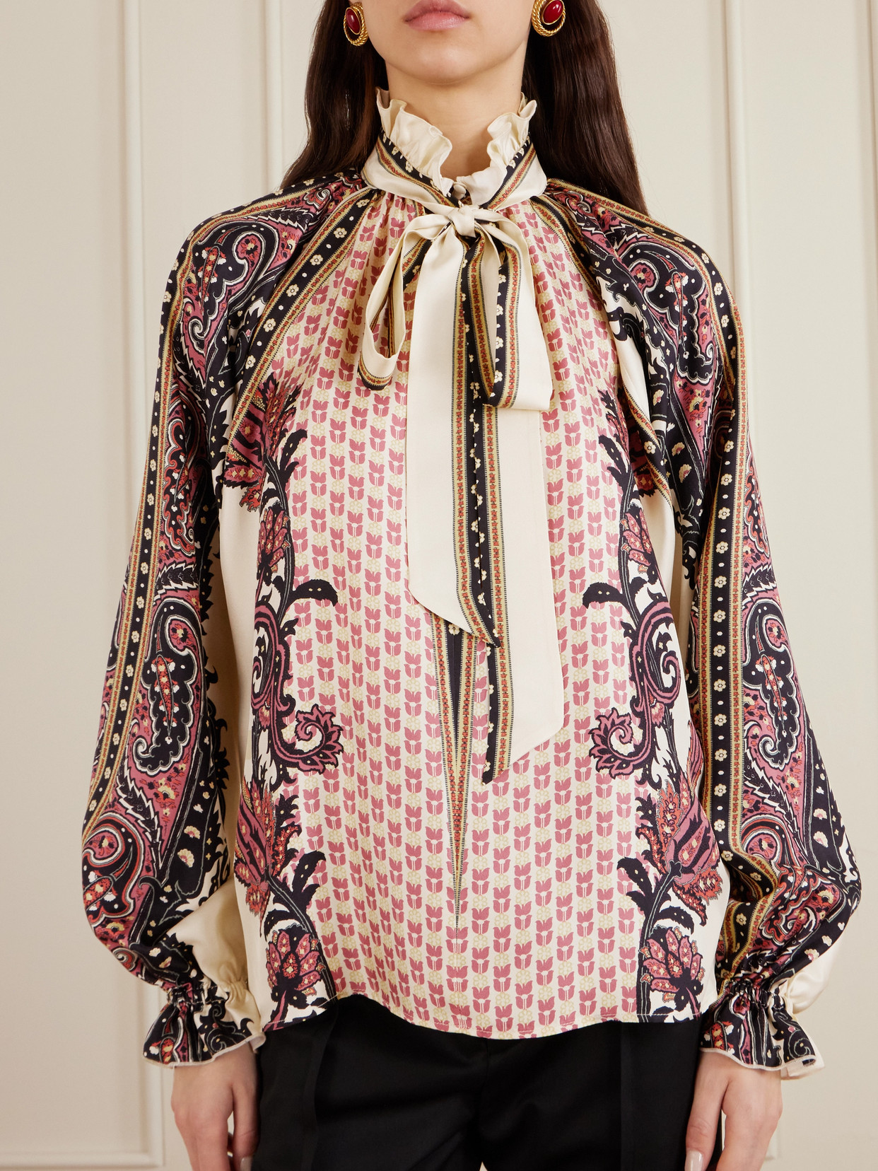 Etro Pussy-bow Ruffled Printed Silk-twill Blouse In Neutral