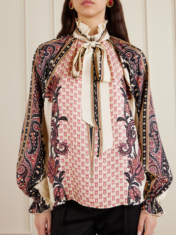 Etro Pussy-bow ruffled printed silk-twill blouse