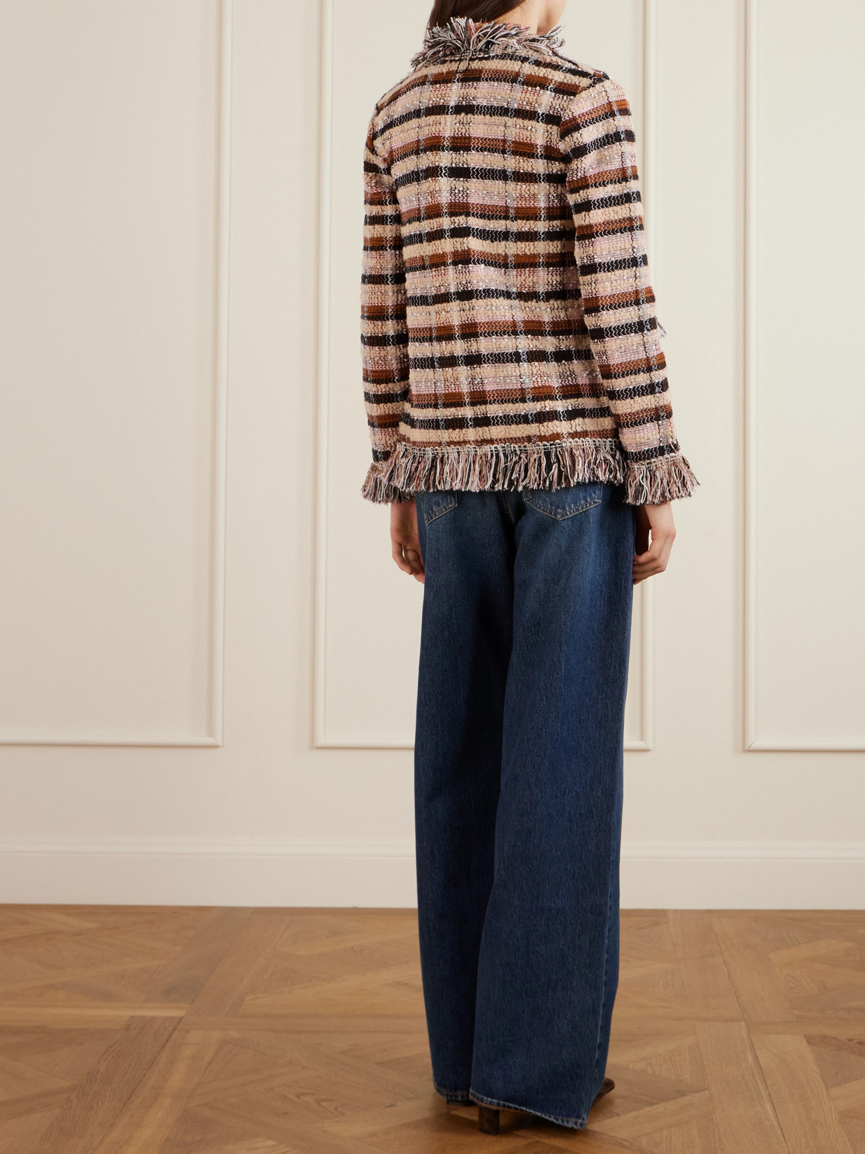 Etro Fringed Checked Tweed Jacket In Brown