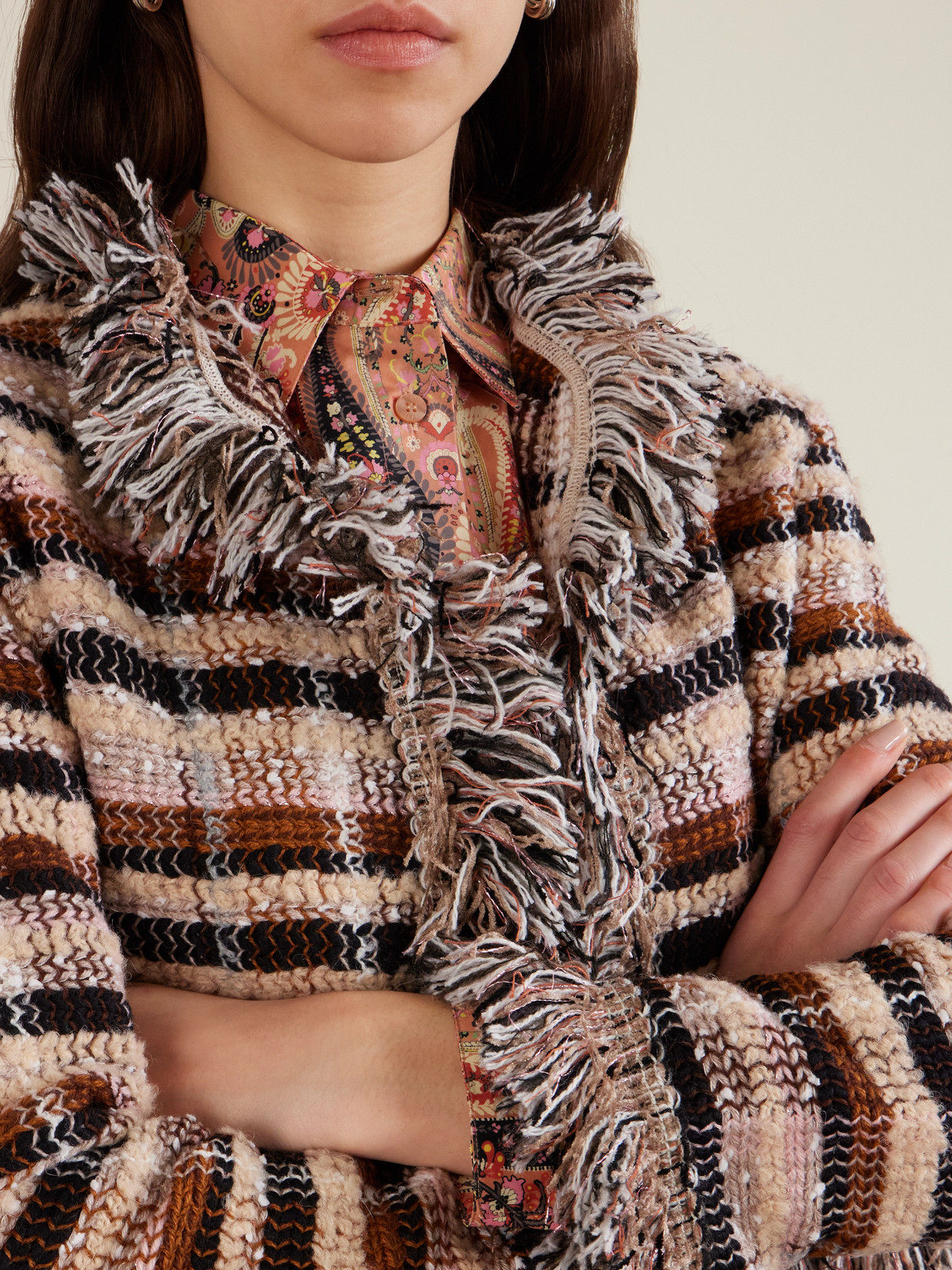 Etro Fringed Checked Tweed Jacket In Brown