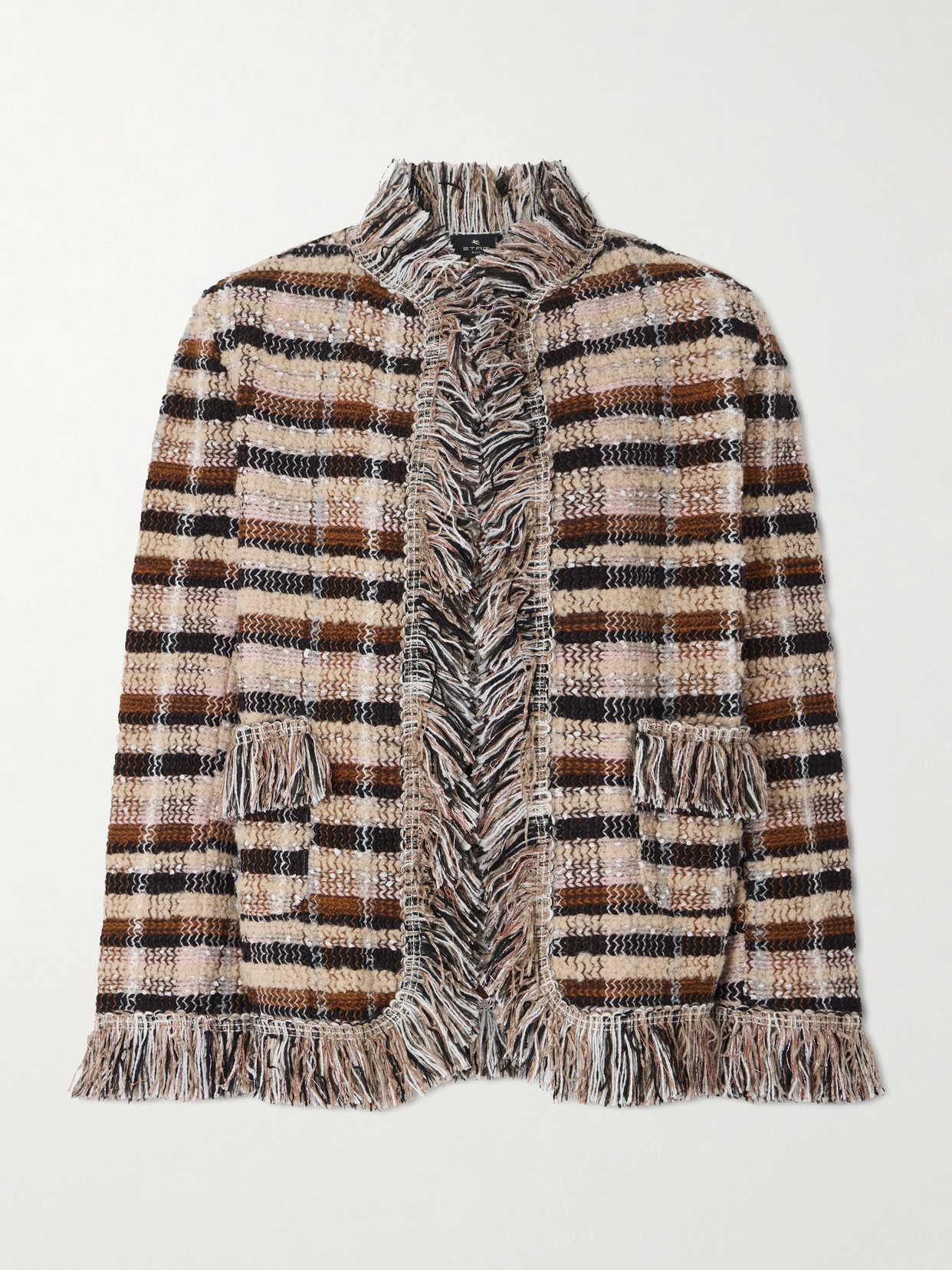 Etro Fringed Checked Tweed Jacket In Brown
