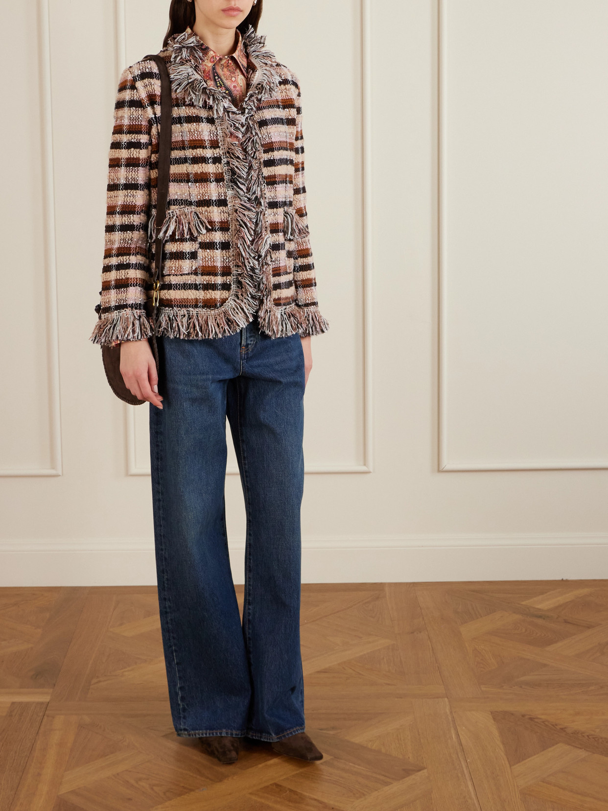 Etro Fringed Checked Tweed Jacket In Brown