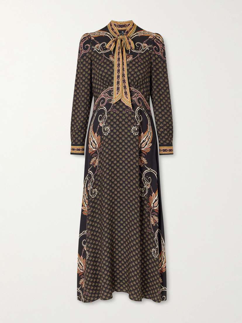Etro Pussy-bow Printed Satin Midi Dress