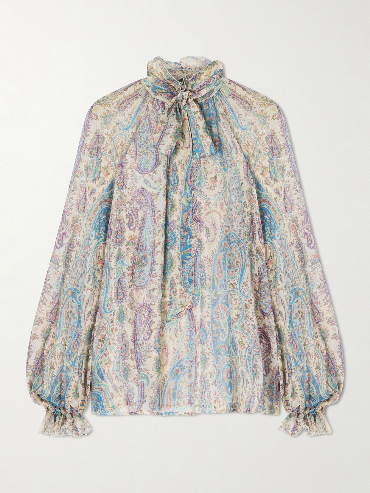 Etro Pussy-bow Ruffled Paisley-print Silk-crepon Blouse In Blue