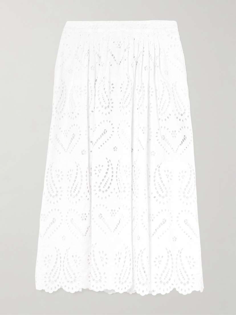Etro Pleated Scalloped Broderie Anglaise Cotton-blend Poplin Midi Skirt