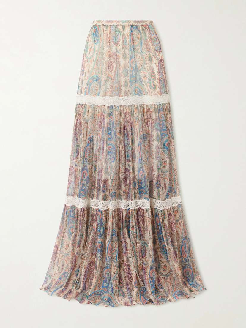 Etro Tiered Lace-trimmed Paisley-print Silk-crepon Maxi Skirt