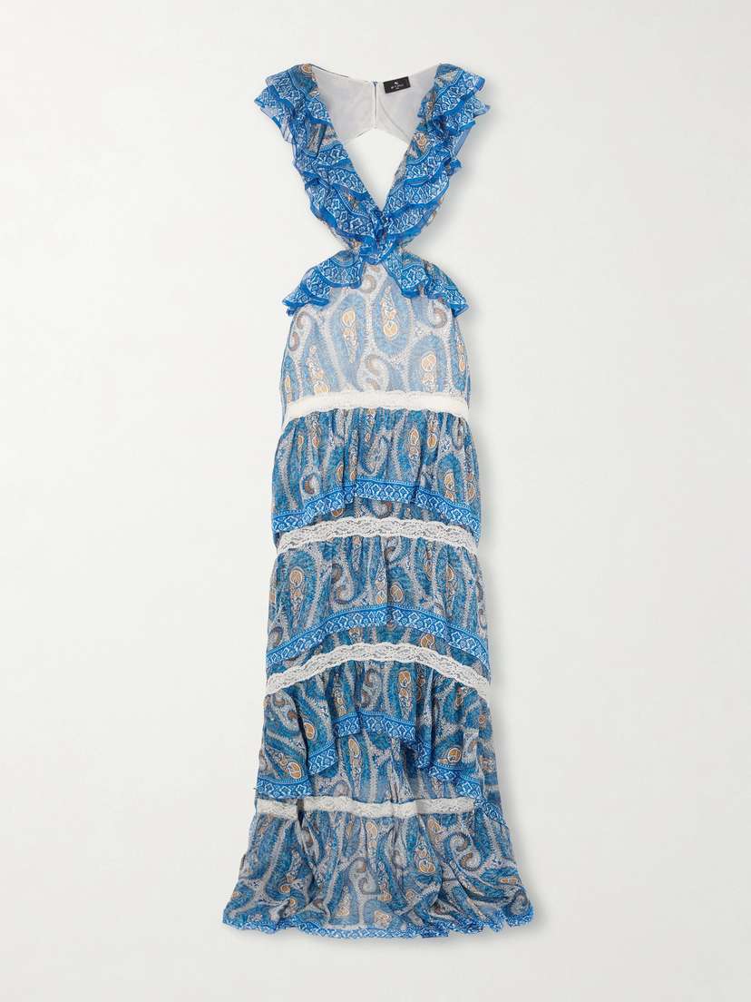 Asymmetric Ruffled Tiered Lace-trimmed Paisley-print Silk-chiffon Maxi Dress
