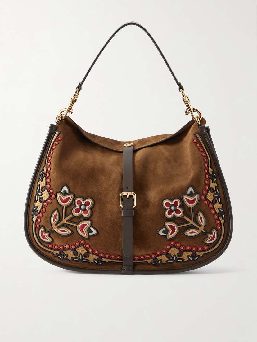Etro Embroidered Leather-trimmed Suede Shoulder Bag