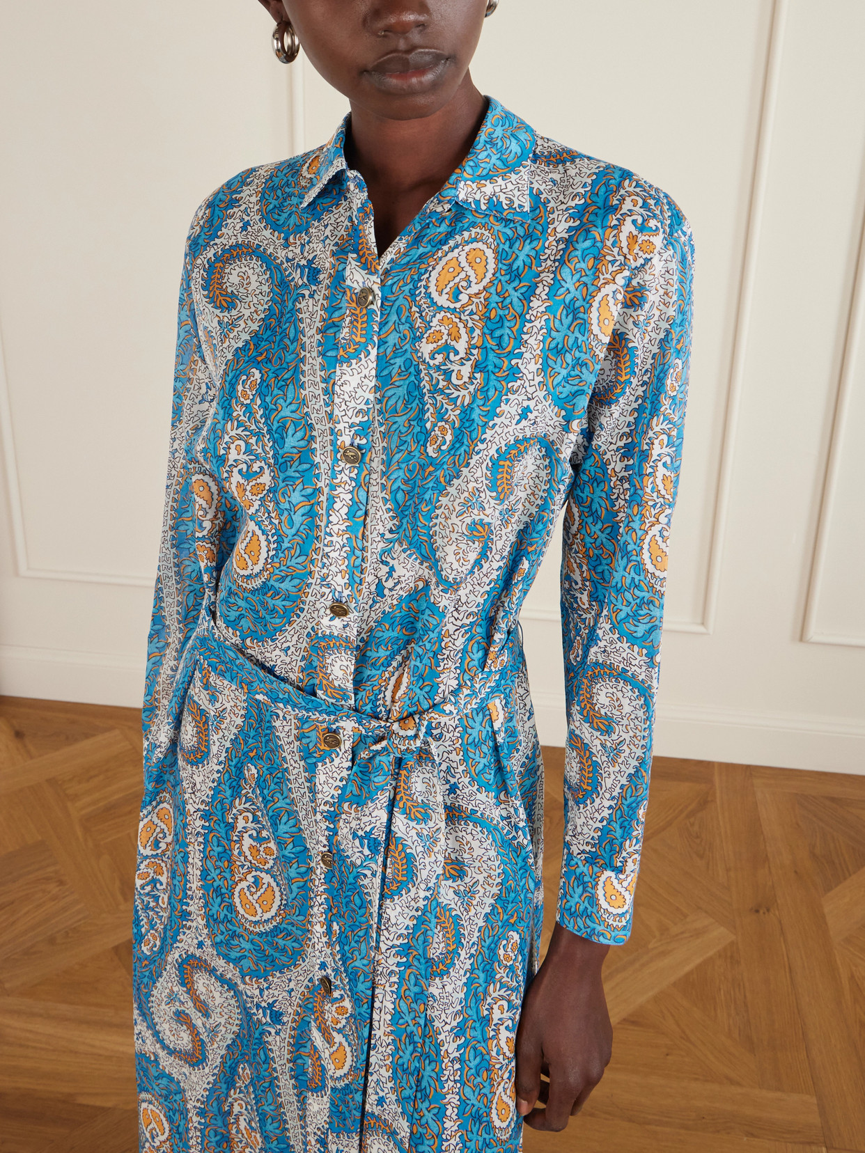 Etro Belted Paisley-print Cotton-voile Midi Shirt Dress In Blue