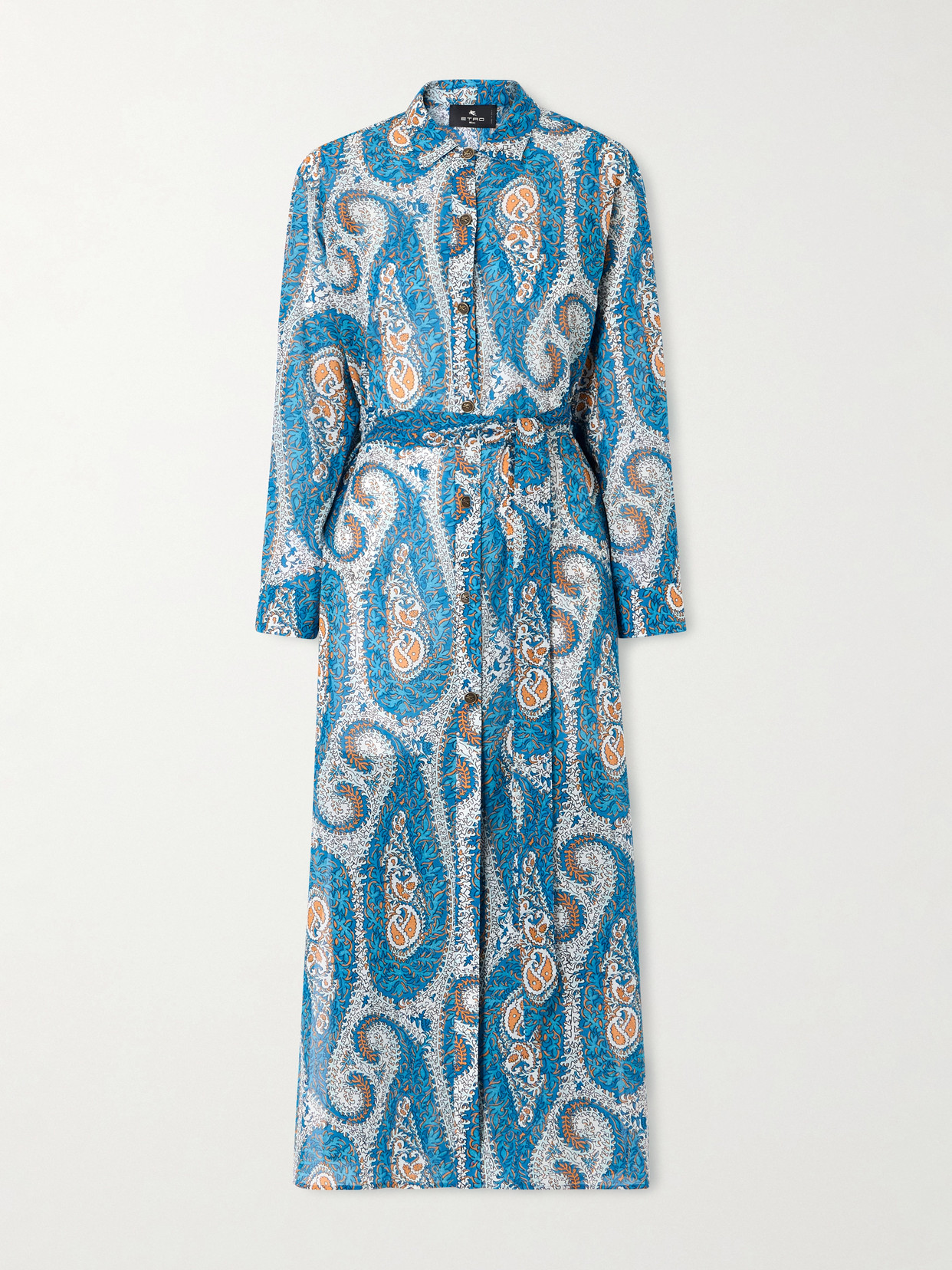 Etro Belted Paisley-print Cotton-voile Midi Shirt Dress In Blue