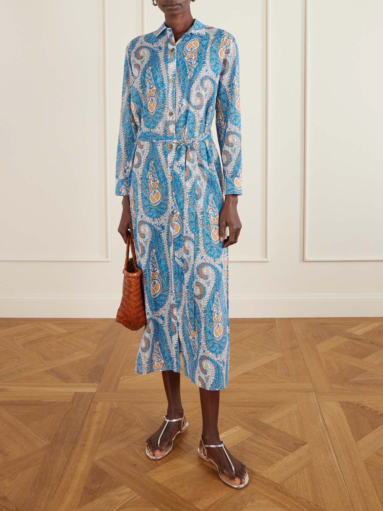 Etro Belted Paisley-print Cotton-voile Midi Shirt Dress In Blue