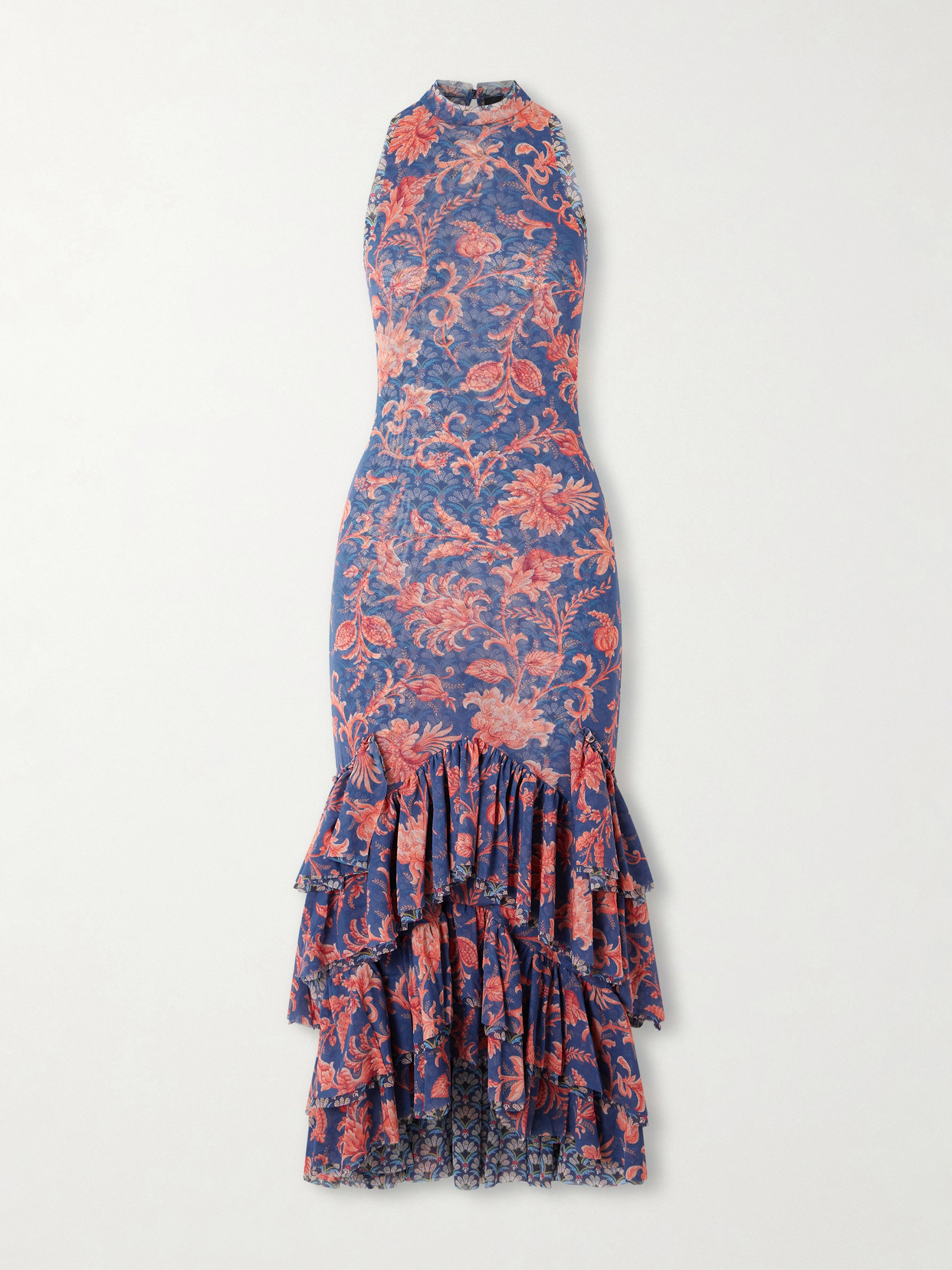 Etro Ruffled Paisley-print Tulle Midi Dress In Blue